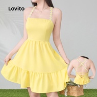Lovito Boho Plain Ruffle Neck Tie Back Summer Spring Yellow Dress for Women L134ED1044
