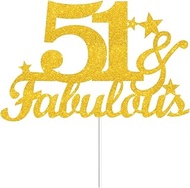51 & Fabulous Cake Toppers Gold Glitter, Happy 51st Birthday Cake Topper Cheers to 51 Years Old Bday
