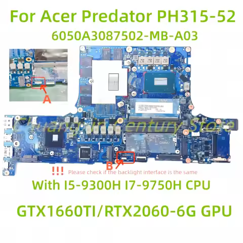 6050A3087502-MB-A03 Motherboard for Acer Predator PH315-52 Laptop with I5 I7-9TH CPU GTX1660TI/RTX20