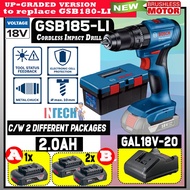BOSCH 18V GSB185-LI  BRUSHLESS MOTOR CORDLESS IMPACT DRIL + 2.0AH + GAL18V-20 + TOOL BOX C/W 2 DIFFE