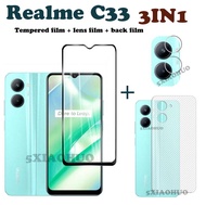 (3in1) สำหรับ Realme C33กระจกฟิล์มป้องกันกระจกนิรภัยแบบเต็มหน้าจอ + เลนส์กล้องฟิล์มป้องกัน + ฟิล์มด้านหลังสำหรับ Realme C30 C35ป้องกันหน้าจอ