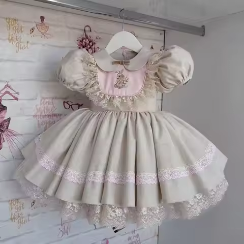 0-12Y Baby Girl Summer Rabbit Embroidery Vintage Princess Ball Gown Beige Dress for Party Eid Birthd