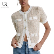 URBAN REVIVO เสื้อแจ็คเก็ตแขนสั้นผู้หญิงคอกลมมีปุ่มลงเสื้อคาร์ดิแกนบางแบบครอบตัดเสื้อถักหรูหรา