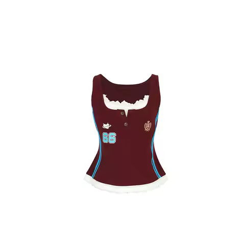 ELFSACK Women's 66 Print Jersey Tank Top, Layered Lace Trim Camisole, Y2K Coquette Sporty Style Slee