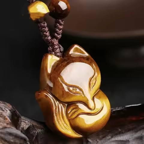 Natural Yellow Tiger Eye Stone Jade Fox Head Pendant Necklace Fashion Charm Jewelry Amulet Luck Gift