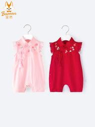 寶然女寶寶漢服夏裝喜慶紅色中國風滿月公主周歲禮服嬰兒唐裝5082