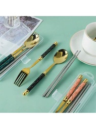 3入組不鏽鋼餐具套裝,露營旅行用筷子、叉子、匙羹刀具,附盒子,適用於廚房工具