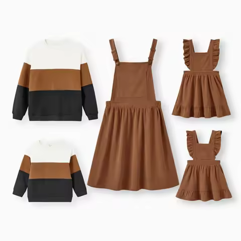 PatPat Family Matching Brown Corduroy Color block Sweatshirt Adjustable Pinafore Dress