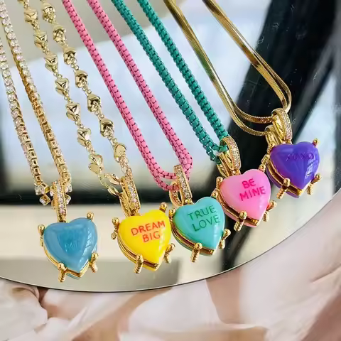 Colorful Heart Pendant Trendy English Words Resin Love Heart Zircon Charm Clavicle Chains Necklace f