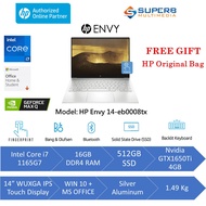 HP ENVY Laptop 14-eb0008TX  (E-Wallet RM100) (Intel Core i7 11gen, 16gb ram, 512gb ssd, Nvidia GTX1650Ti 4GB, 14" WUXGA Touch Display, Win10, OPI, Silver)