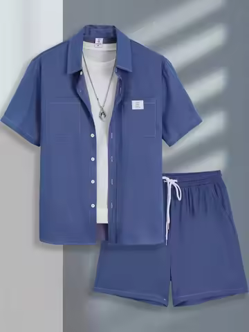 Men's 2 Piece Haze Blue Workwear Set, Lapel Short Sleeve Shirt & Drawstring Shorts Summer Smart Casu