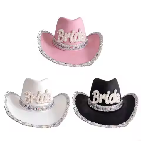 Sparkling Sequined Trim Bridal Cowboy Cap for Wedding Celebration Pearls Letter Wide Brims Hat for B