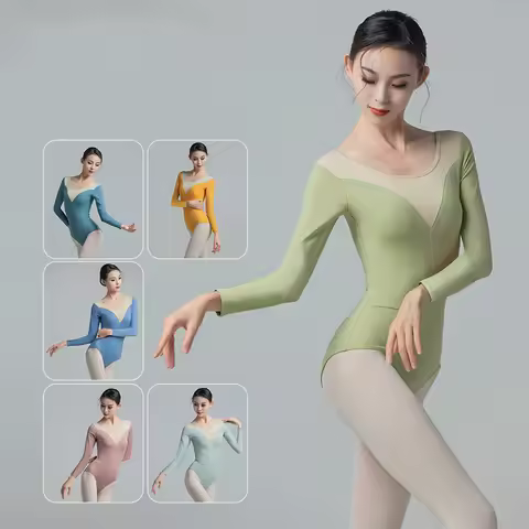 Women's Ballet Tights Mesh Splice Gymnastics Dance Training Tights Long Sleeve Ballet Dance Bodysuit