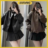 Women's leatherJacket with double buttons, wide form, elastic waistband, Korean style A61 SUTANO