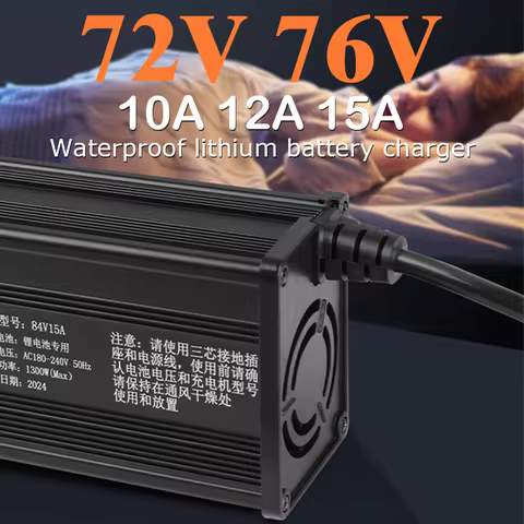Waterproof 72V Lithium Battery Charger 76V 20S 21S Li-ion Lifepo4 10A 12A 15A Fast Charging 84V 86V 