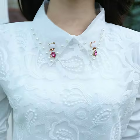 Women Spring Autumn Style Lace Blouses Shirts Lady Peter Pan Collar Long Sleeve Beading Casual Blusa