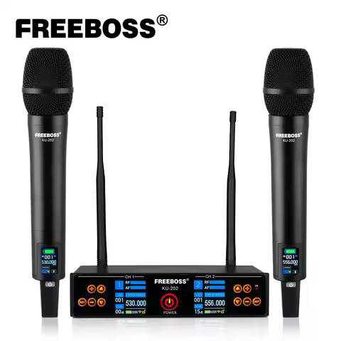 FREEBOSS TFT Wireless Karaoke Rechargeable Microphone 2 Handheld UHF 2*100 Point Infrared Frequency 