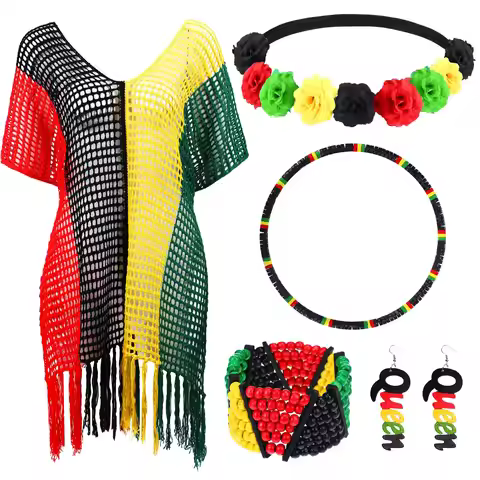 5 Pcs Jamaican Cover Ups Women African Beach Accessories Set Rainbow Crochet Dress Jamaican Outfits 