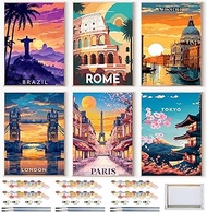 MXCFZX 6 Pack Framed Paint by Numbers Kit for Adults Beginners, Landscape Easy Paint by Number Kit w
