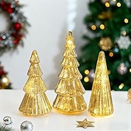 Glasseam Gold Christmas Centerpieces for Table: Set of 3 Mercury Glass Christmas Tree with Lights Ta