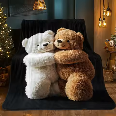 Bear Hug Cartoon Flannel Blanket | Soft Warm & Lightweight | Perfect for Sofa, Bedroom, Living Room,