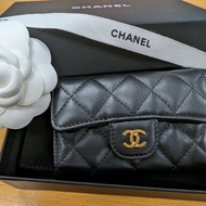 CHANEL 香奈兒 羊皮 零錢包卡包 翻蓋單層 黑金羊