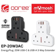 MYMOSH EP-20W3AC 6-IN-1 3-WAY WALL ENERGYPLUG OUTLET EXTENDER WITH 20W USB-C & USB-A PD/QC FAST CHAR