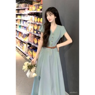 A Korean Ladies Long Skirt French V-Neck High-End Feeling Women's Summer Slimmer Look Temperament Na
