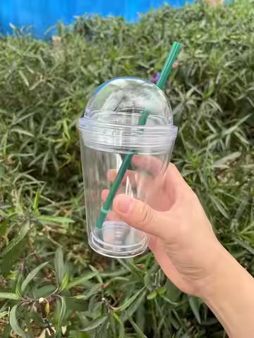 double wall 350ml 12oz plastic cup cold cup with dome lid and straw