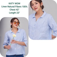 5th B1 เสื้อคอปกปีกนก เสื้อแขน 4 ส่วน เสื้อผ้าลินิน แท้พิมพ์ลาย อก42" ยาว 23" เสื้อใส่สะบาย เสื้อใส่