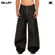 Raw Denim Unisex Button Wide Leg Jeans - BLUR Wide Leg Raw Denim - Black