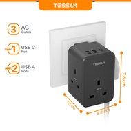 TEESAN 3 Way Plug Adapter UK Multi Plug Adaptor with USB-C Slot Plug Adapter Plug Extension with 3 U