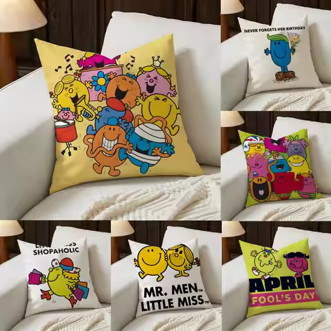 Mr. Men and L-Little Miss Cushion Cover Natural Linen Pillowcase Set, All-in-One Decor for Sofa, Bed