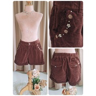Pants axes femme Brand Dark Brown Corduroy Fabric Decorated With Pearls And Embroidered Flowers Very