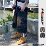 [K-2] Yellow Mud Washed Retro Car Line Work Pocket Cropped Jeans Pants Denim Shorts Y2K [K2C75] jean