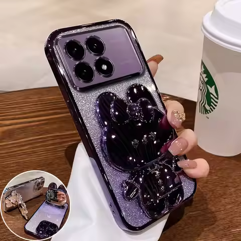 Luxury bracket Case For POCO F6 pro Glitter Mirror Rabbit Holder Soft Case for Xiaomi poco F6 M6 X6 