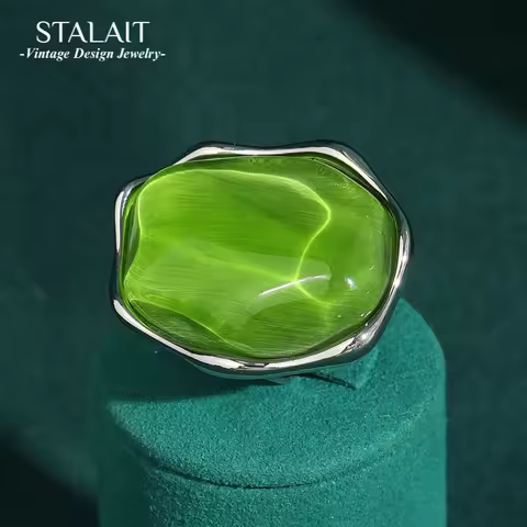 Vintage Opal Ring Real For Woman Green Cat Eye Stone Irregular Alien Crystal Silver Color Designer Q