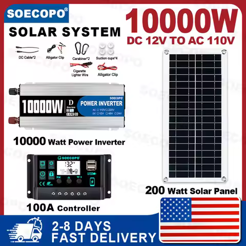 (U.S Stock 2-8 Days)SOECOPO 10000W Solar System Kit12V To 110V 100A Controller 200W Panel Off-Grid I