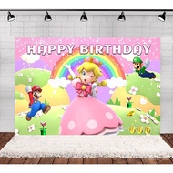 🚓New Peach Princess Mario Theme Birthday Party Decoration Photography Background Cloth for Wholesale Props