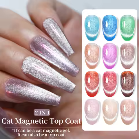 LILYCUTE 7ML 2 IN 1 Cat Magnetic Gel Top Coat Sparkling Glass Bead Magnetic Gel Nail Polish Semi Per