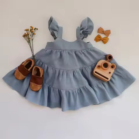 Toddler Girls Strap Dress Kids Ruffles Sleeveless Solid Cotton Linen Casual Dress Outwear Lovely Inf