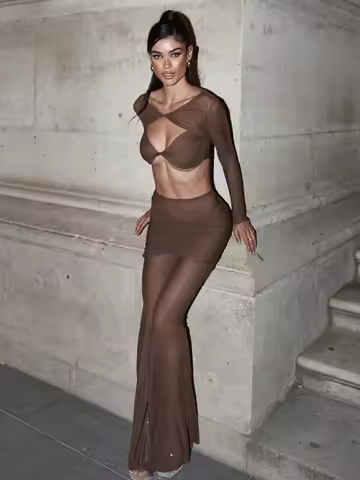 Brown Mesh Two-Piece Set Long Sleeve Crop Top with Bow Detail & Wrap Flared Pants for Nightclubs & P