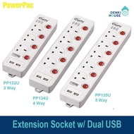 [PowerPac] PP13xU / Extension Socket with 2x USB Charger Ports / 3 meters cord