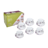 Felli Dinexe Opal Glass Cup & Saucer Set (12 Pcs) - Wavy Purple Daisy