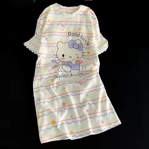 Cute Hello Kitty Girls Nightgowns Sanrio Pajamas Sets Dress Sweet Women Sleepshirts with Chest Pads 