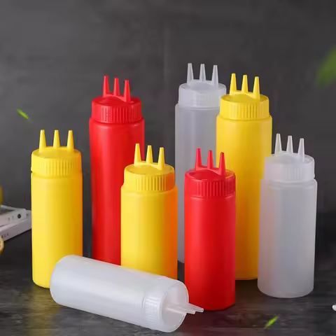 3 Holes Sauce Squeeze Condiment Bottles Sauce Bottle with Lids Oil Bottle Kitchen Mustard Salad Stor