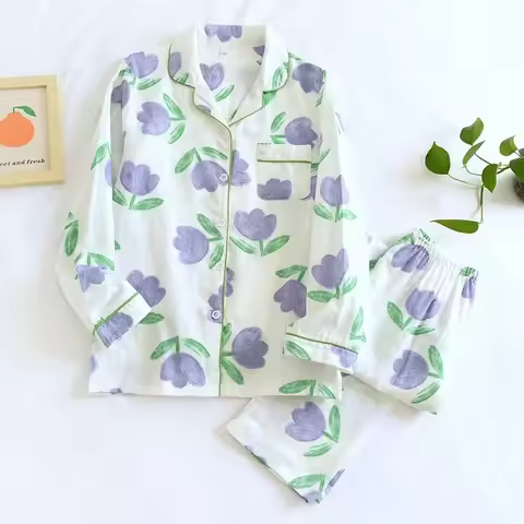 Newest Ladies Loose Cotton Homewear Suit Women Printing Cotton Trouser Pajamas Ladies Plus Size Home