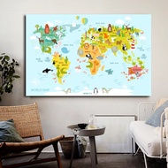 Animal World Map Poster Wall Art Colorful World Poster Canvas Painting Pictures Children Kids Room D