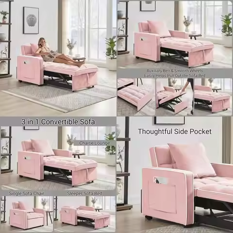 Convertible Sleeper Sofa with Pull-Out Bed, 68.8 Futon Chair, 3-Level Adjustable Backrest, Tufted Cl