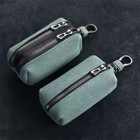 Portable Keychain Wallet for Men Women Large-Capacity Double Zipper Key Pouch Bag Suede Leather Key 